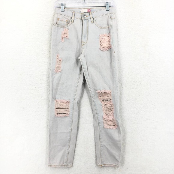 Juicy Couture Womens 26 Pink Wash Denim Jeans High Waisted Baggy Fit Distressed - Picture 1 of 9